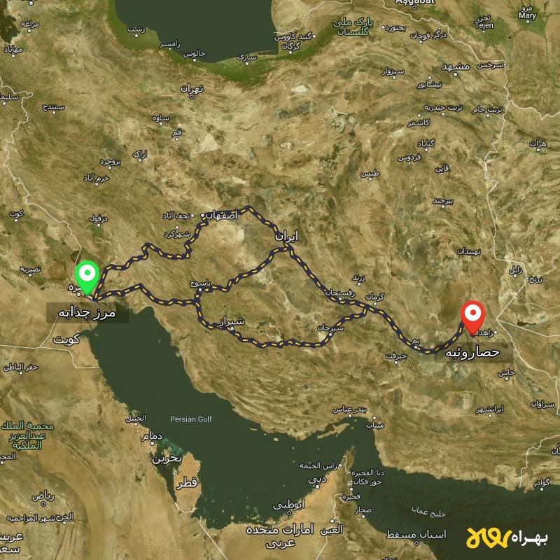 مسافت و فاصله حصاروئیه - سیستان و بلوچستان تا مرز چذابه - استان خوزستان از ۳ مسیر - مرداد ۱۴۰۳