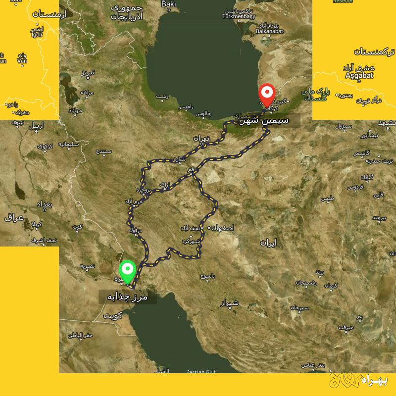 مسافت و فاصله سیمین شهر - گلستان تا مرز چذابه - استان خوزستان از ۳ مسیر - اردیبهشت ۱۴۰۳