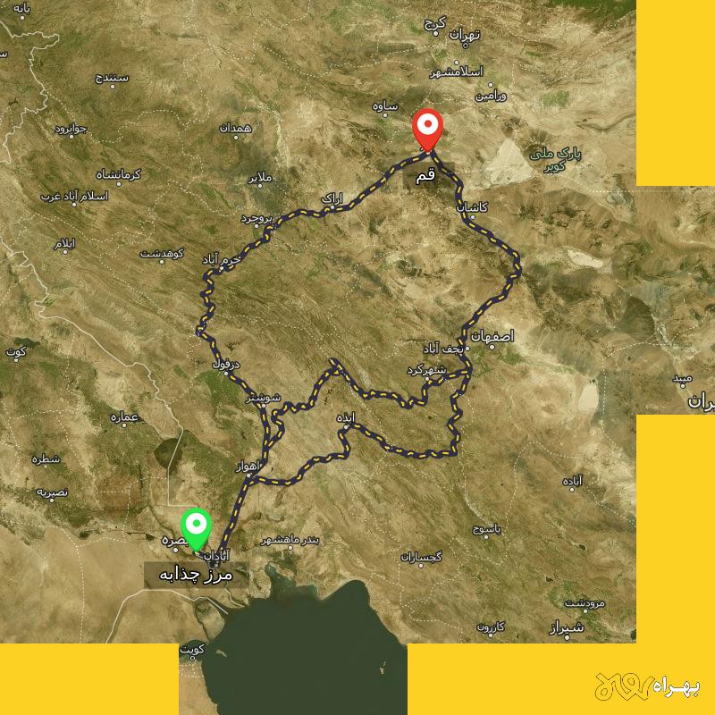 مسافت و فاصله قم تا مرز چذابه - استان خوزستان از ۳ مسیر - اردیبهشت ۱۴۰۳