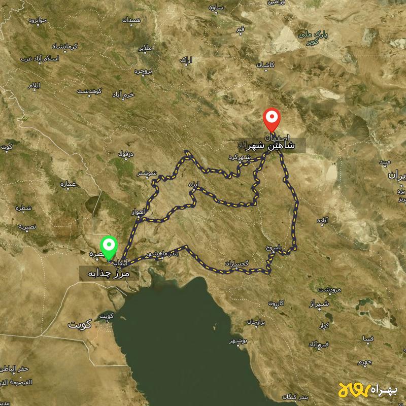 مسافت و فاصله شاهین شهر - اصفهان تا مرز چذابه - استان خوزستان از ۳ مسیر - اردیبهشت ۱۴۰۳
