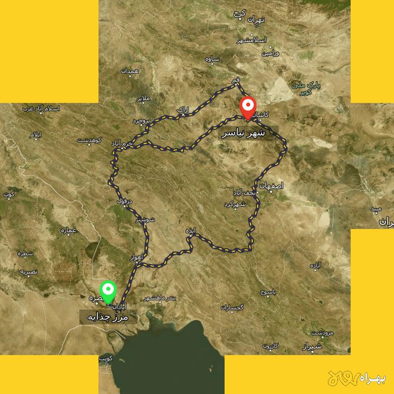 مسافت و فاصله شهر نیاسر - اصفهان تا مرز چذابه - استان خوزستان از ۳ مسیر - اردیبهشت ۱۴۰۳
