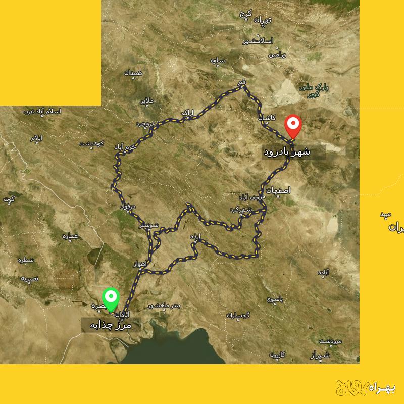 مسافت و فاصله شهر بادرود - اصفهان تا مرز چذابه - استان خوزستان از ۳ مسیر - اردیبهشت ۱۴۰۳