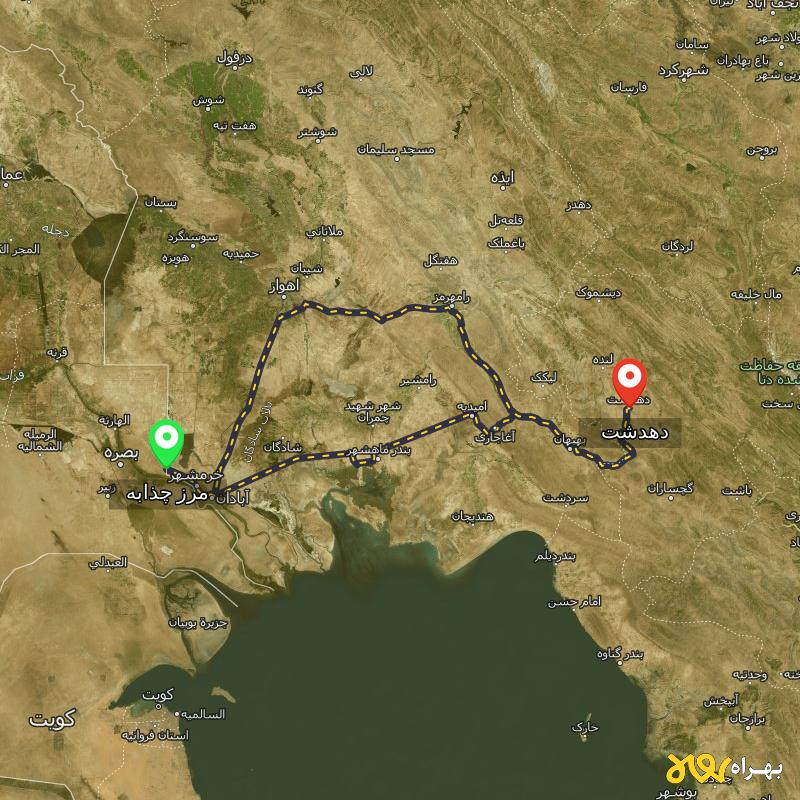 مسافت و فاصله دهدشت - کهگیلویه و بویر احمد تا مرز چذابه - استان خوزستان از ۲ مسیر - اردیبهشت ۱۴۰۳