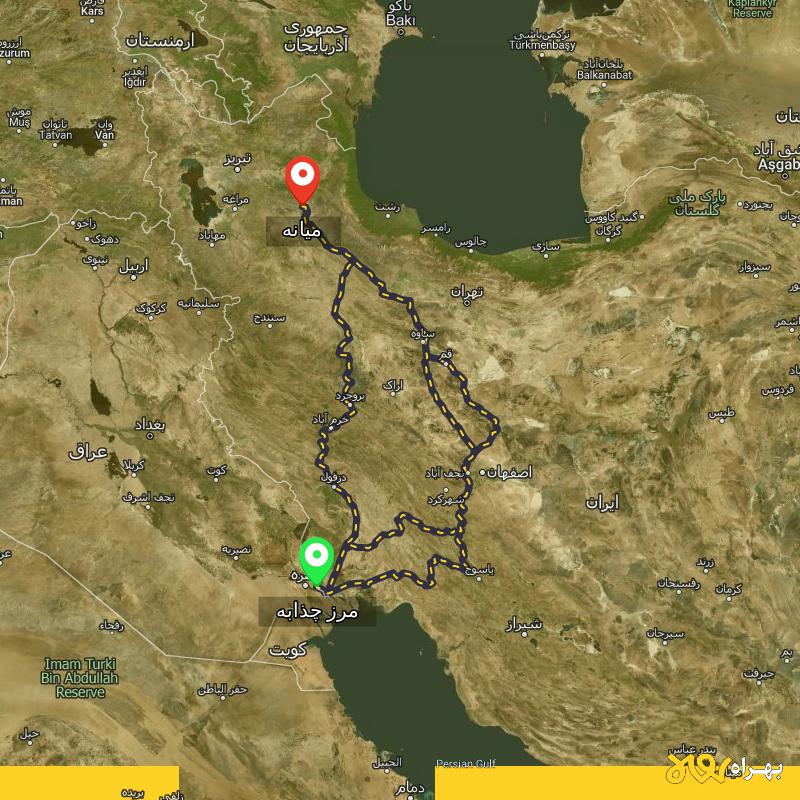 مسافت و فاصله میانه تا مرز چذابه - استان خوزستان از ۳ مسیر - اردیبهشت ۱۴۰۳