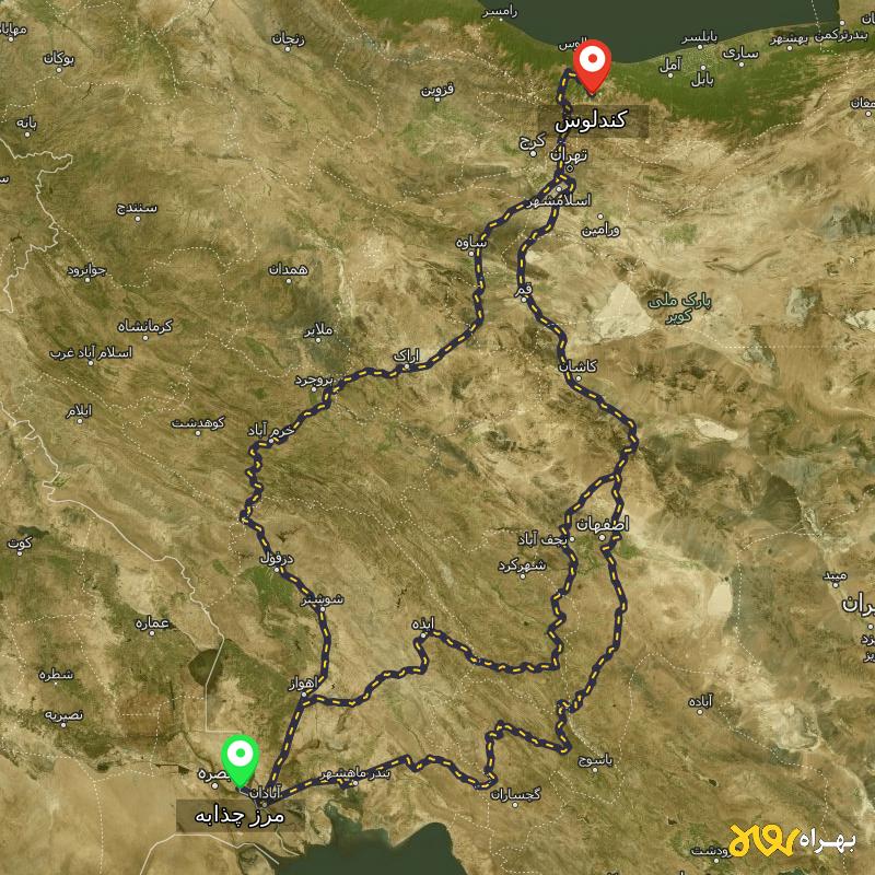 مسافت و فاصله کندلوس - مازندران تا مرز چذابه - استان خوزستان از ۳ مسیر - اردیبهشت ۱۴۰۳