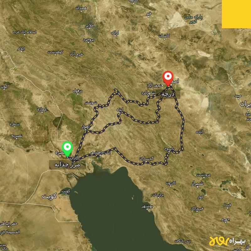 مسافت و فاصله درچه - اصفهان تا مرز چذابه - استان خوزستان از ۳ مسیر - اردیبهشت ۱۴۰۳