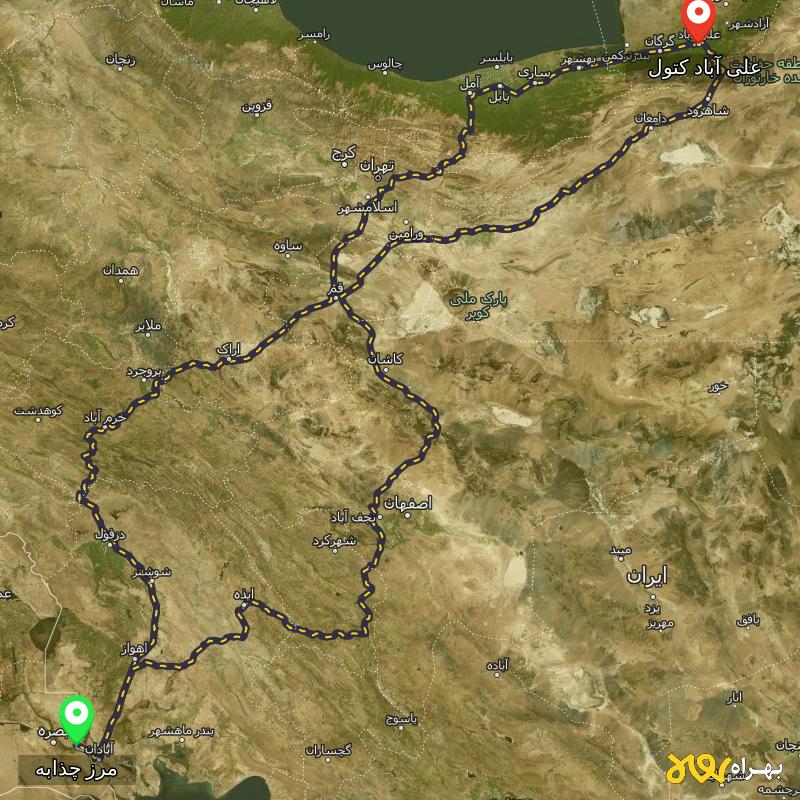 مسافت و فاصله علی آباد کتول - گلستان تا مرز چذابه - استان خوزستان از ۳ مسیر - اردیبهشت ۱۴۰۳