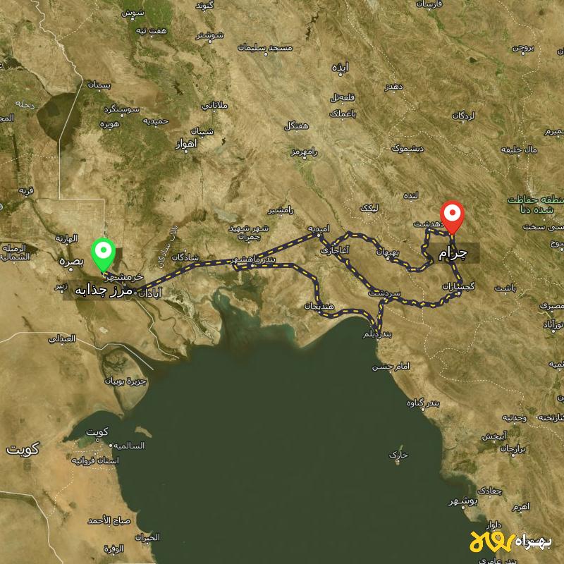 مسافت و فاصله چرام - کهگیلویه و بویر احمد تا مرز چذابه - استان خوزستان از ۳ مسیر - مرداد ۱۴۰۳