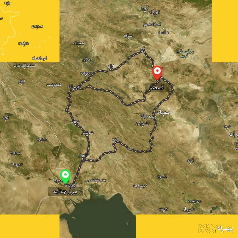 مسافت و فاصله قمصر - اصفهان تا مرز چذابه - استان خوزستان از ۳ مسیر - اردیبهشت ۱۴۰۳
