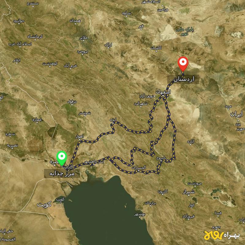 مسافت و فاصله اردستان - اصفهان تا مرز چذابه - استان خوزستان از ۳ مسیر - اردیبهشت ۱۴۰۳