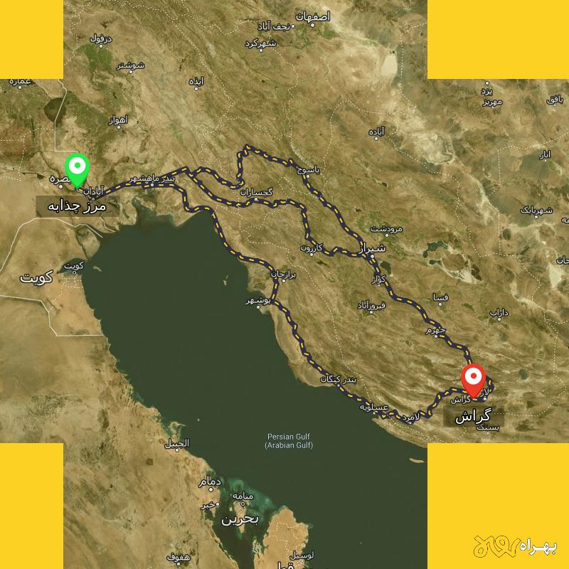 مسافت و فاصله گراش - فارس تا مرز چذابه - استان خوزستان از ۳ مسیر - اردیبهشت ۱۴۰۳