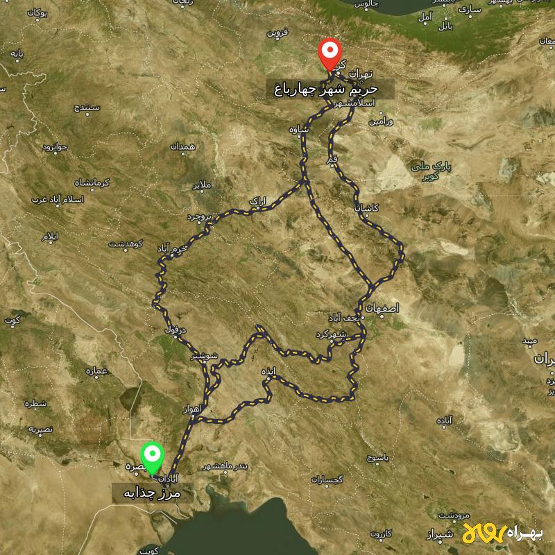 مسافت و فاصله حریم شهر چهارباغ تا مرز چذابه - استان خوزستان از ۳ مسیر - اردیبهشت ۱۴۰۳